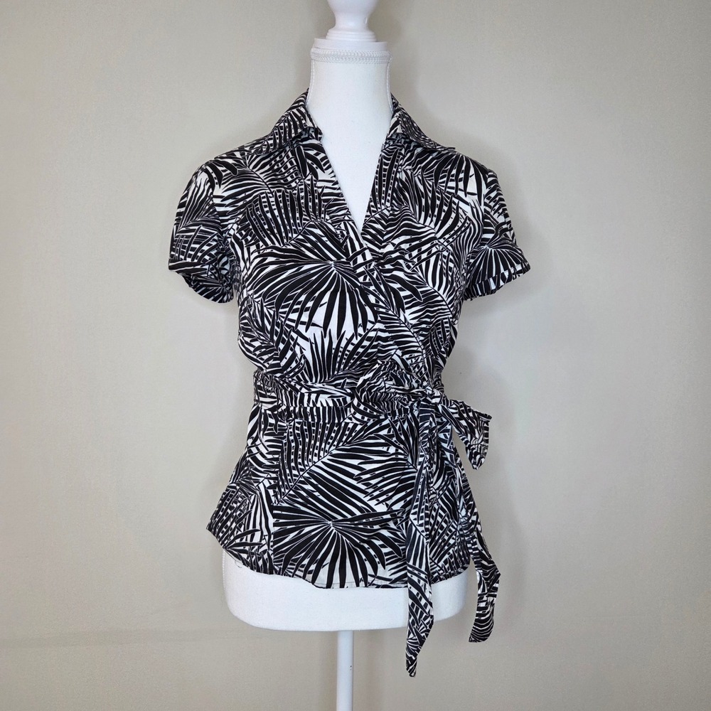 Ann Taylor Black and White Palm-Print Wrap Blouse